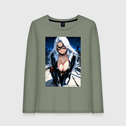 Женский лонгслив Черная кошка на крыше небоскреба