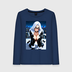 Женский лонгслив Черная кошка на крыше небоскреба