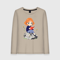 Лонгслив хлопковый женский Рыжая девушка читает книгу, цвет: миндальный