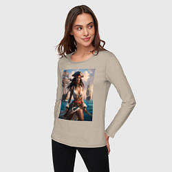 Лонгслив хлопковый женский Пиратка на фона флотилии кораблей, цвет: миндальный — фото 2