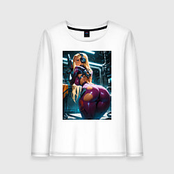Лонгслив хлопковый женский Девушка с оружием в киберпанк стиле, цвет: белый