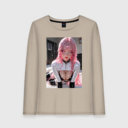 Лонгслив хлопковый женский Девушка с розовыми волосами в откровенном наряде, цвет: миндальный