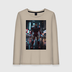 Лонгслив хлопковый женский Железный человек посреди ночного города, цвет: миндальный
