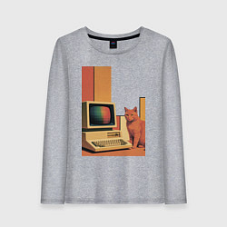 Лонгслив хлопковый женский Рыжий кот сидит у старого компьютера ретро поп-арт, цвет: меланж