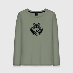 Женский лонгслив Голова волка над лесом