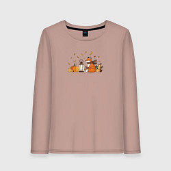 Лонгслив хлопковый женский Лиса с тыквами и фонарём, цвет: пыльно-розовый