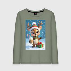 Лонгслив хлопковый женский Милый мультяшный олень, цвет: авокадо