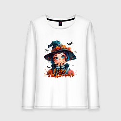 Лонгслив хлопковый женский Счастливого Хэллоуина - ведьмочка, цвет: белый