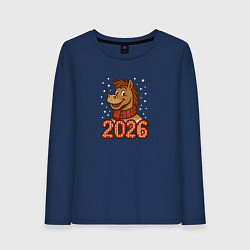 Лонгслив хлопковый женский 2026 лошадка с шарфом, цвет: тёмно-синий