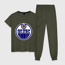 Пижама хлопковая женская Edmonton Oilers цвета меланж-хаки — фото 1