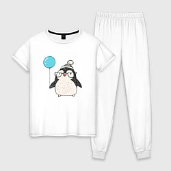 Пижама хлопковая женская Пингвин-мальчик с шариком, цвет: белый