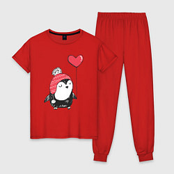 Пижама хлопковая женская Пингвин-девочка с шариком, цвет: красный