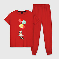 Пижама хлопковая женская Енот на шариках, цвет: красный