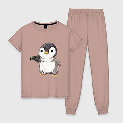Пижама хлопковая женская Пингвин с пистолетом, цвет: пыльно-розовый