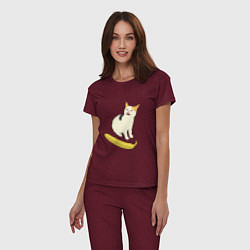 Пижама хлопковая женская Cat no banana meme, цвет: меланж-бордовый — фото 2