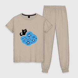 Пижама хлопковая женская Кот программиста, цвет: миндальный