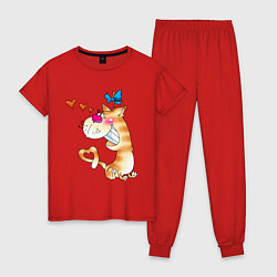 Пижама хлопковая женская Люблю своего котика, цвет: красный