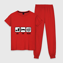 Пижама хлопковая женская Еда, сон и Volvo, цвет: красный