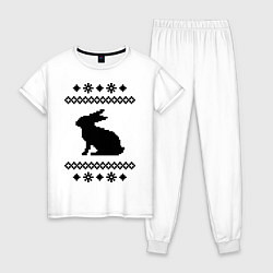 Пижама хлопковая женская Узор с зайцем цвета белый — фото 1