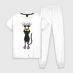 Пижама хлопковая женская Висящий кот, цвет: белый