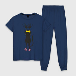 Пижама хлопковая женская Висящий кот, цвет: тёмно-синий