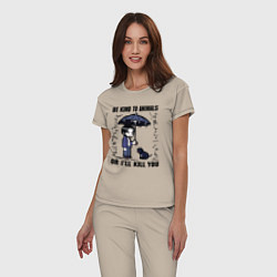Пижама хлопковая женская Be kind to animals or I'll kil, цвет: миндальный — фото 2