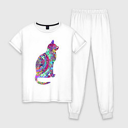 Пижама хлопковая женская Красочная кошка, цвет: белый