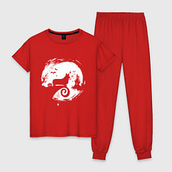 Пижама хлопковая женская Полнолуние Корги, цвет: красный