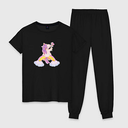Пижама хлопковая женская Pony unicorn on a rainbow, цвет: черный