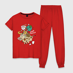 Пижама хлопковая женская Санта на олене, цвет: красный