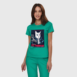 Пижама хлопковая женская Кот Терминатор пародия, цвет: зеленый — фото 2