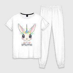Пижама хлопковая женская Кролик-единорог, цвет: белый