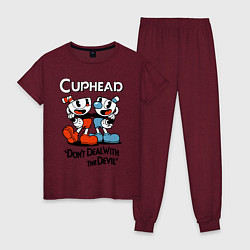 Пижама хлопковая женская Cuphead, Dont deal with devil, цвет: меланж-бордовый