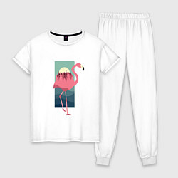 Пижама хлопковая женская Фламинго лес и закат, цвет: белый