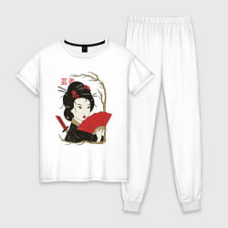 Пижама хлопковая женская Японская Гейша Винтажный арт, цвет: белый