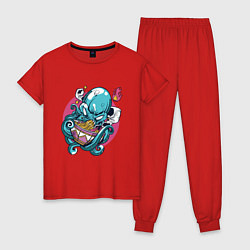 Пижама хлопковая женская Anime Octopus eating Ramen, цвет: красный