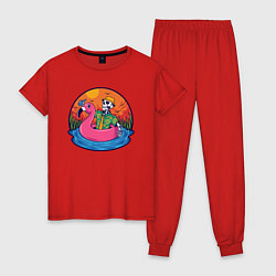 Пижама хлопковая женская Скелет в надувном Фламинго, цвет: красный