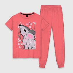 Пижама хлопковая женская Мышка и сакура, цвет: коралловый