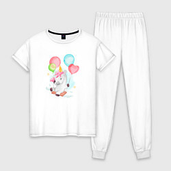Пижама хлопковая женская Единорог с воздушными шариками, цвет: белый