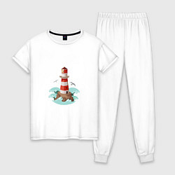 Пижама хлопковая женская Маяк на острове среди волн, цвет: белый