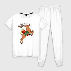 Пижама хлопковая женская Новогодний олень с подарком, цвет: белый