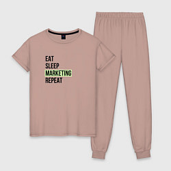 Пижама хлопковая женская Eat Sleep Marketing Repeat, цвет: пыльно-розовый