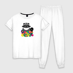 Пижама хлопковая женская Цветочный енот, цвет: белый