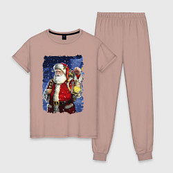 Пижама хлопковая женская Santa Claus shines a lantern, цвет: пыльно-розовый