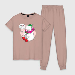 Пижама хлопковая женская Счастливого Рождества! Медвежонок, цвет: пыльно-розовый