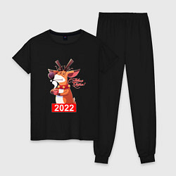 Пижама хлопковая женская Недовольный олень с чашечкой кофе, новый год 2022, цвет: черный