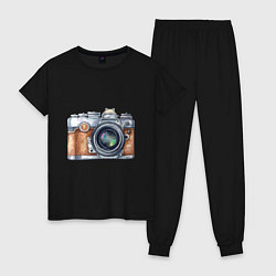 Пижама хлопковая женская Ретро фотокамера, цвет: черный