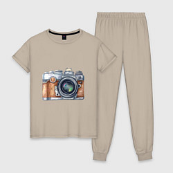 Пижама хлопковая женская Ретро фотокамера, цвет: миндальный