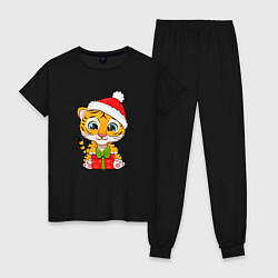 Пижама хлопковая женская Маленький тигренок 2022 с подарком, цвет: черный