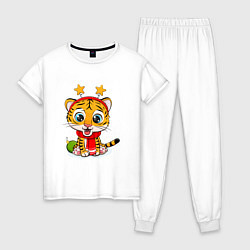 Пижама хлопковая женская Маленький тигренок со звездочками на голове, цвет: белый